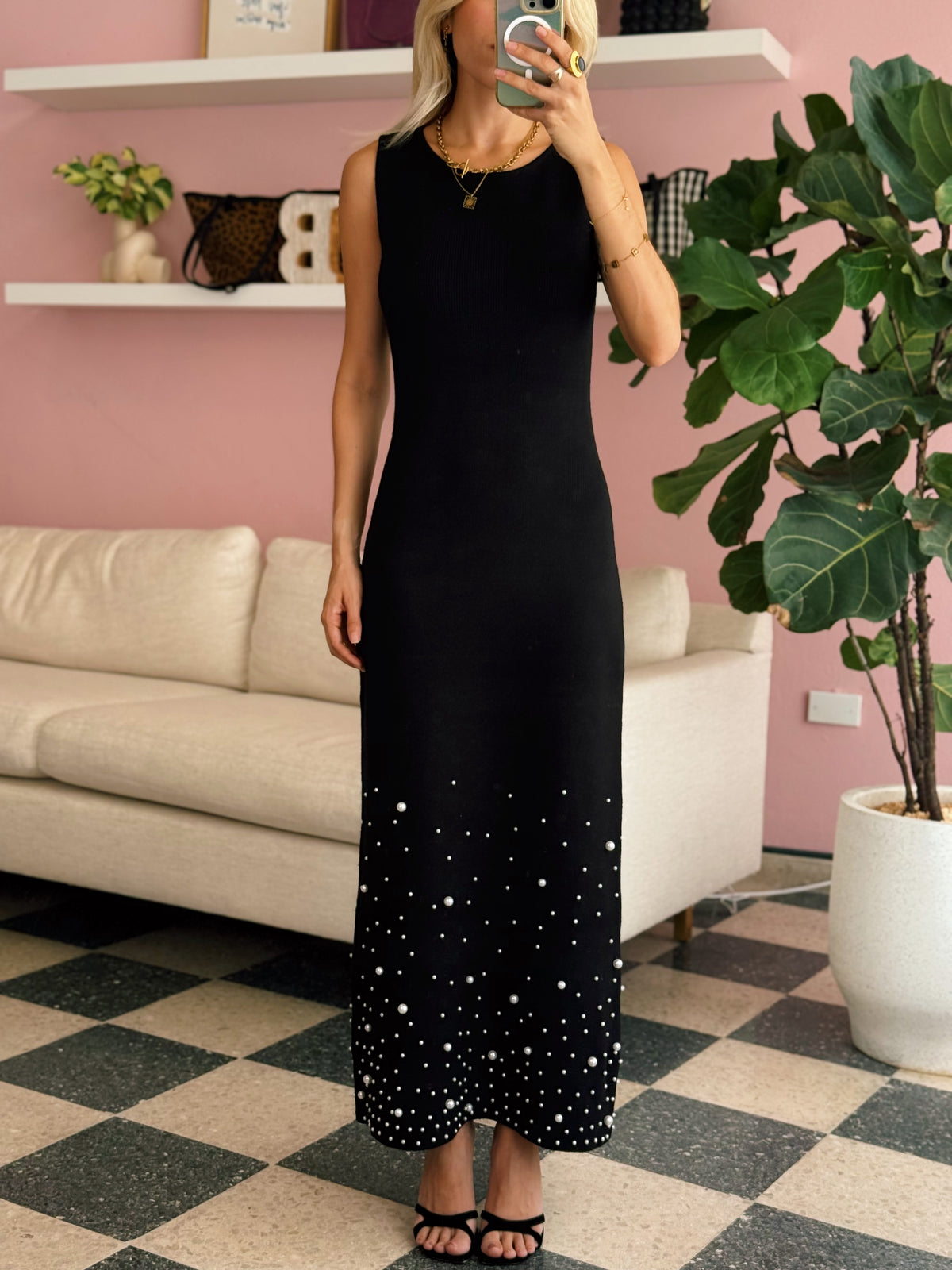 Pearl Embellished Knit Maxi Dress