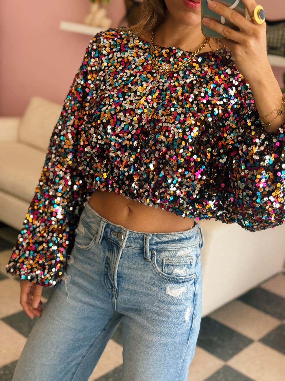 Multicolor Sequin Cropped Drawstring Top