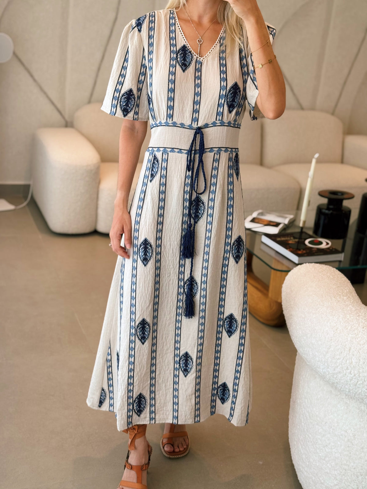 Stripe Embroidered Midi Dress