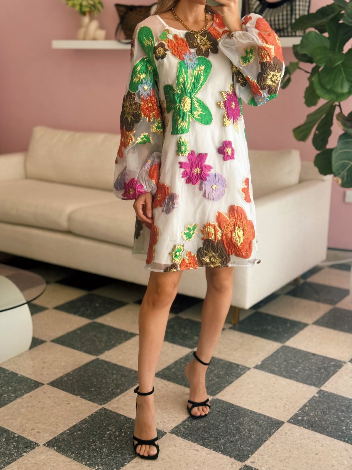 Bubble Sleeve Floral Organza Mini Dress