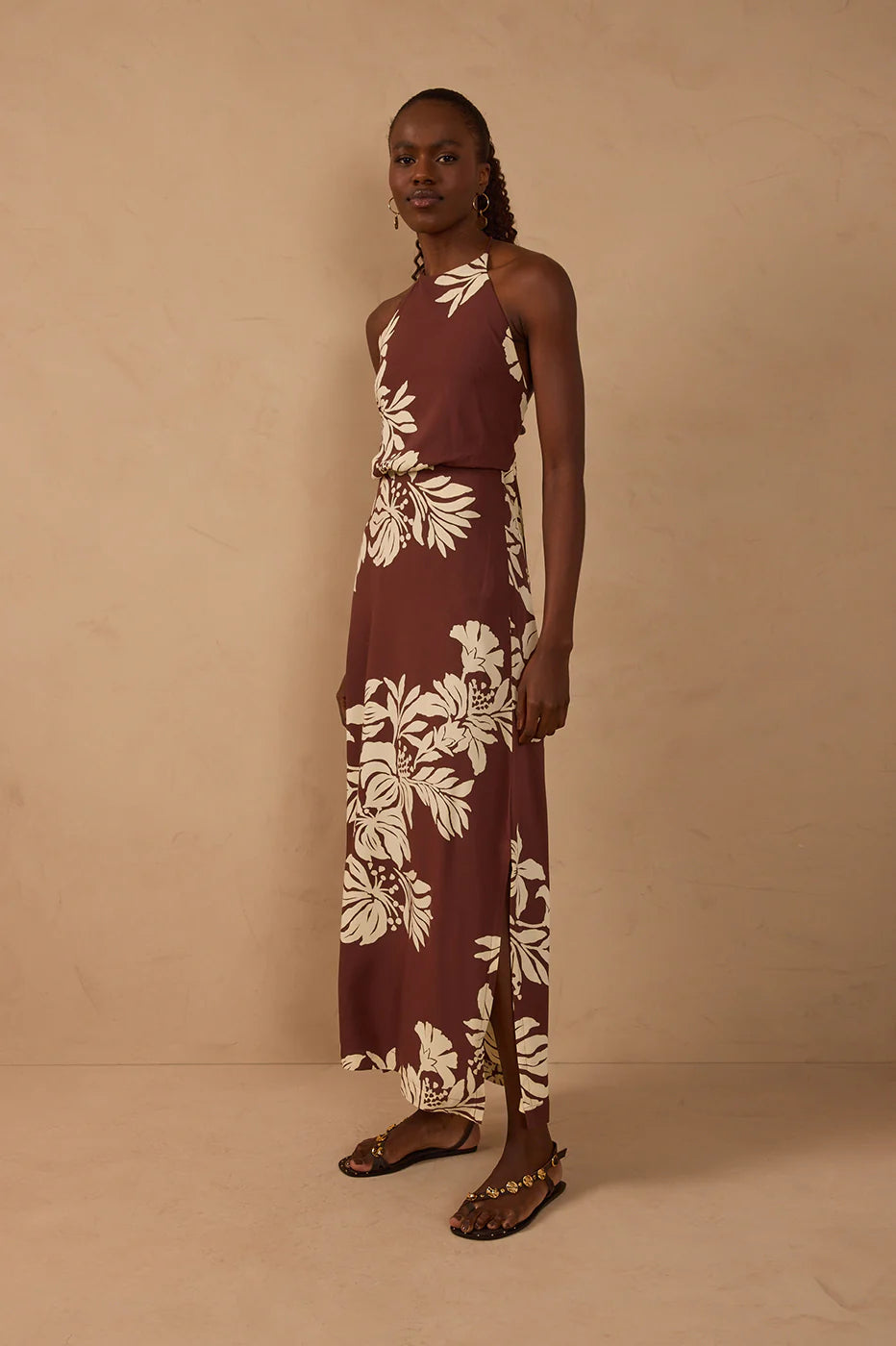 Brown Halter Neck Back Ties Maxi - Dress To
