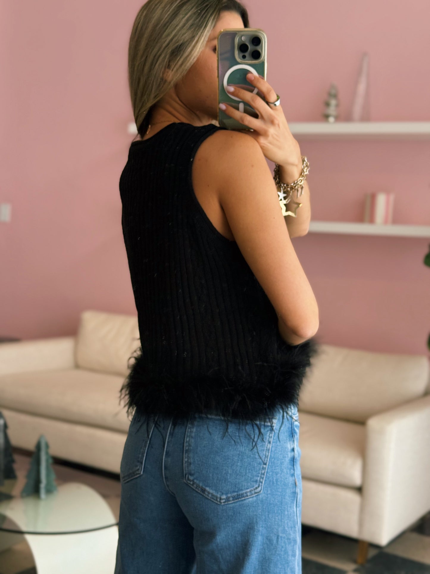 Black Feather Knitted Top