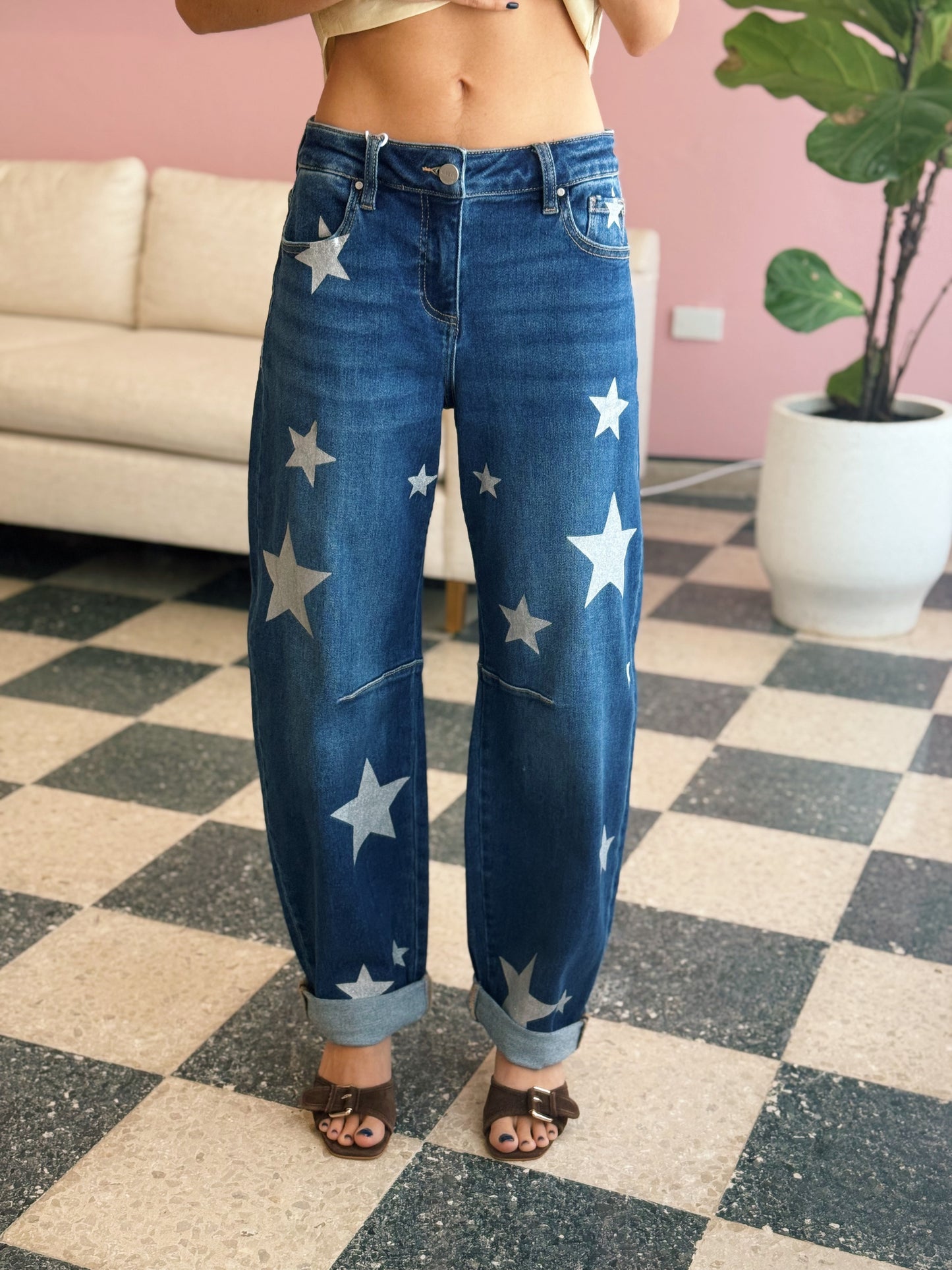 Mid Rise Glitter Star Barrel Jean