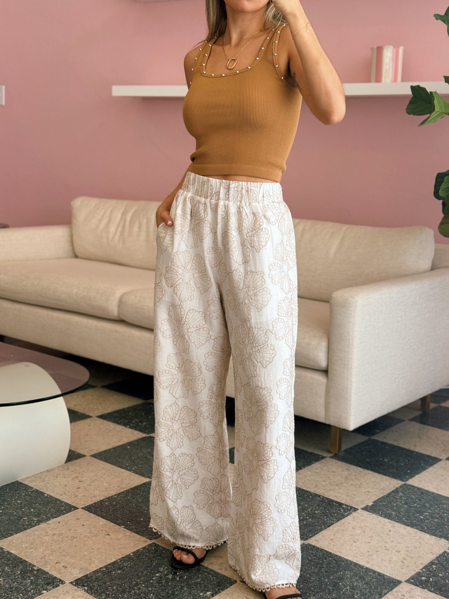 Embroidered White Pants