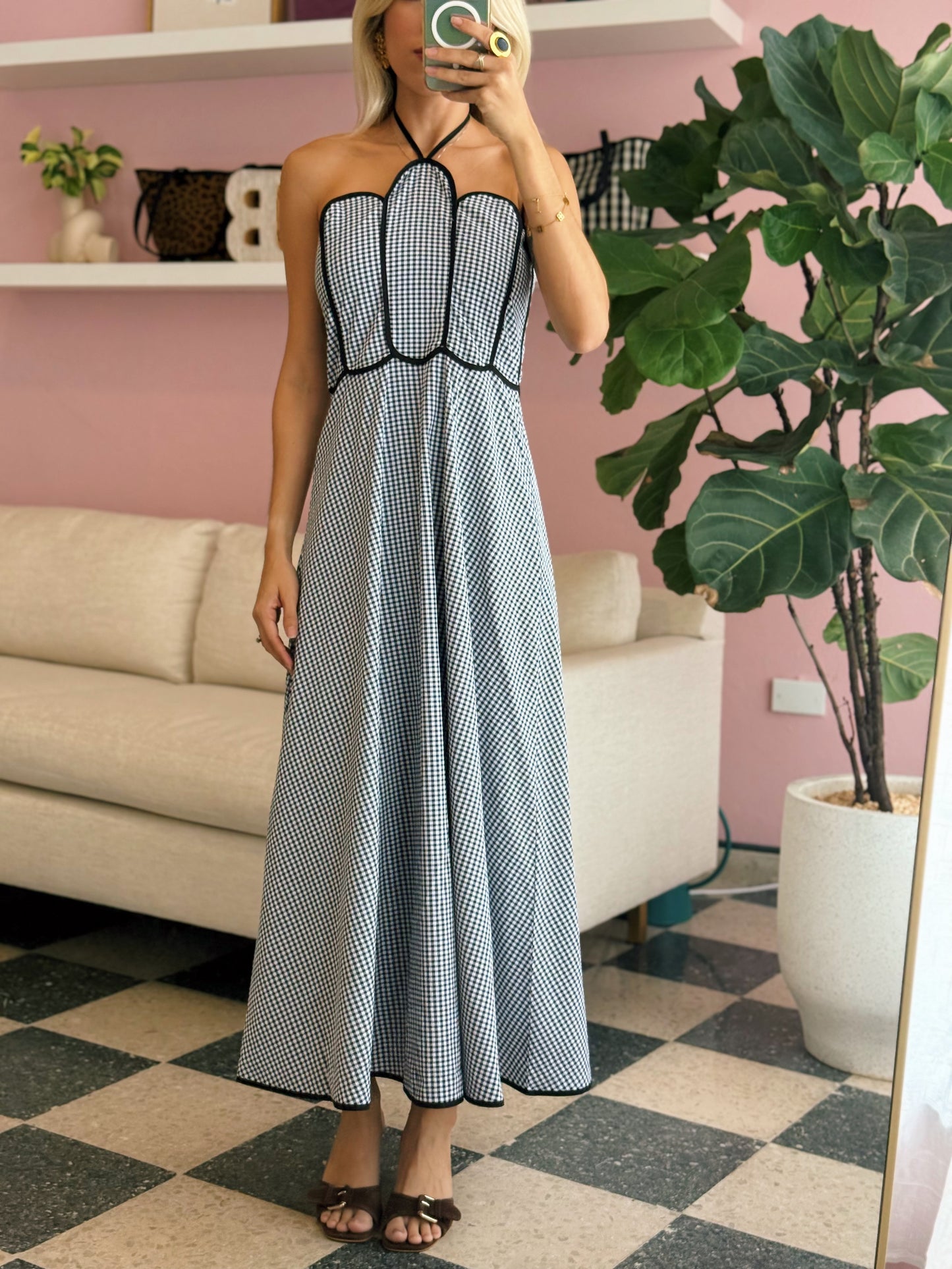 Shell Shape Halter Neck Gingham Dress