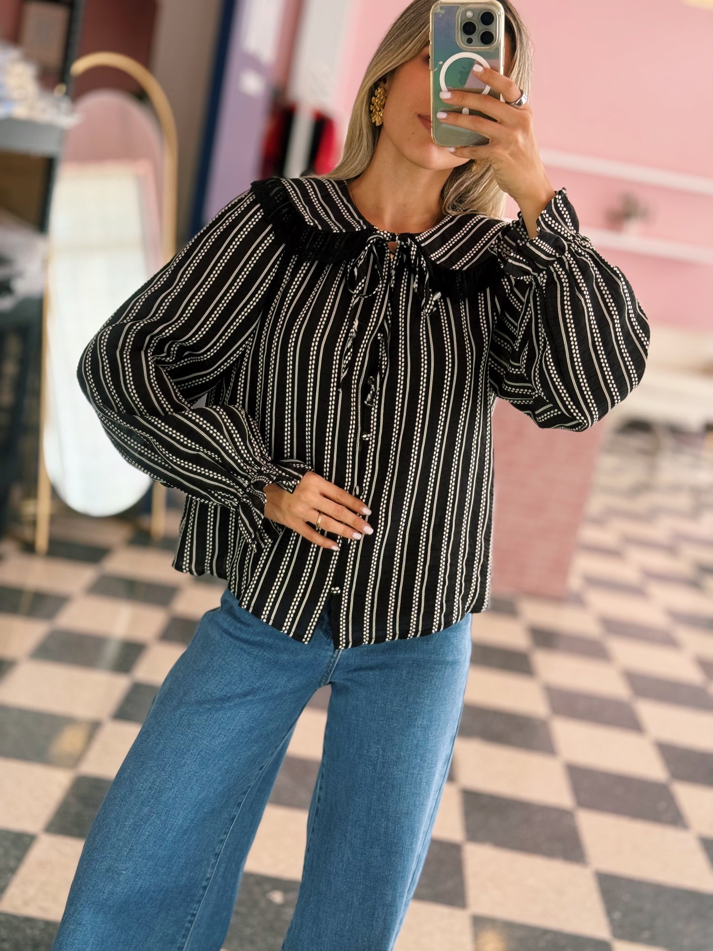 Embroidered Collar Textured Blouse