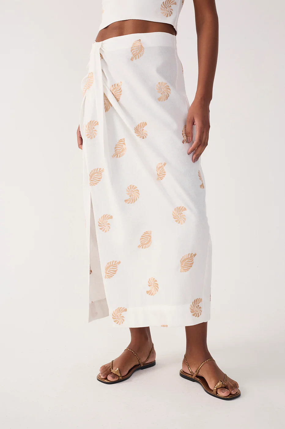 Off-White Side Tie Embroidered Linen Maxi Skirt