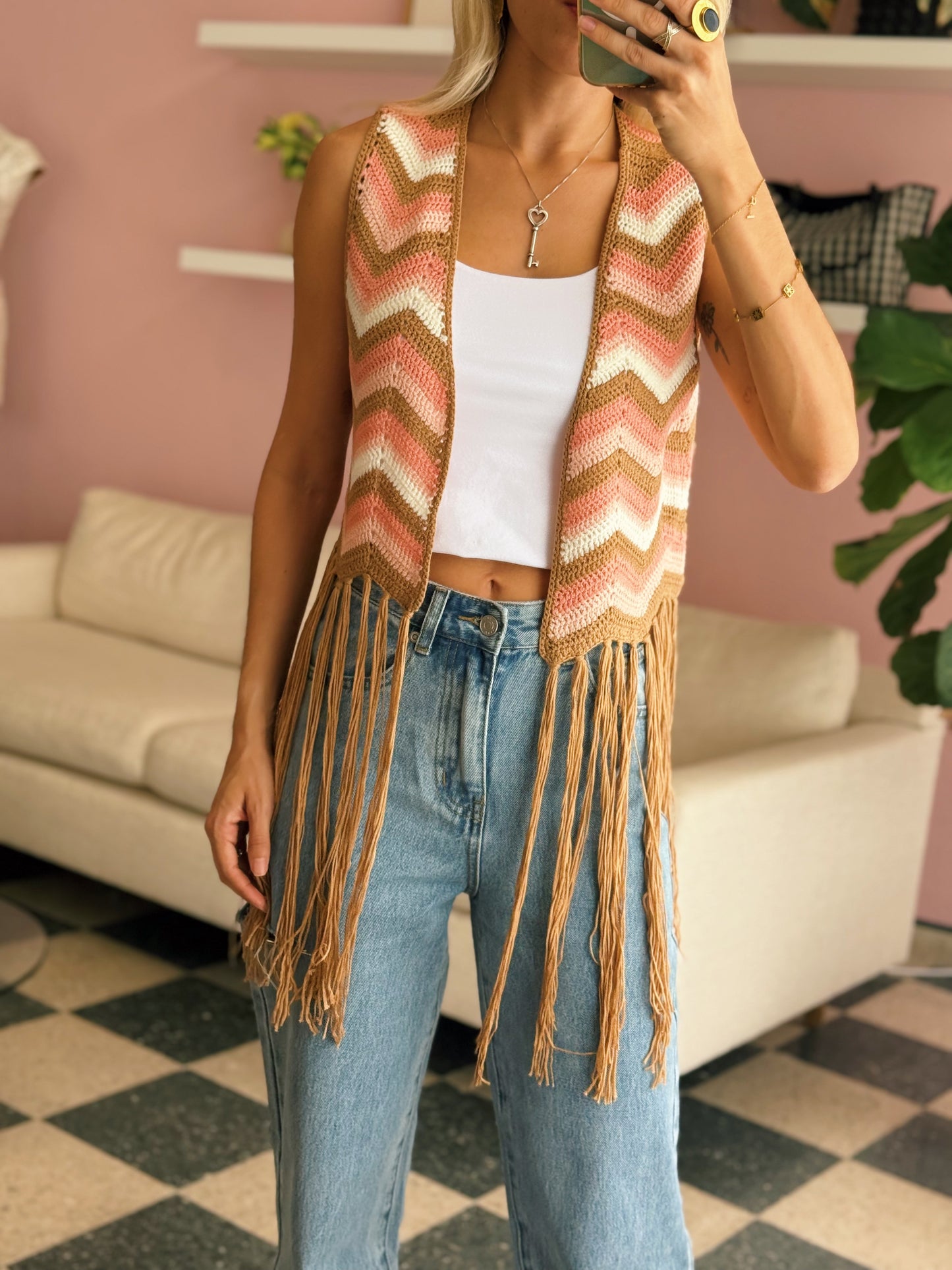 Taupe Crochet Fringe Vest
