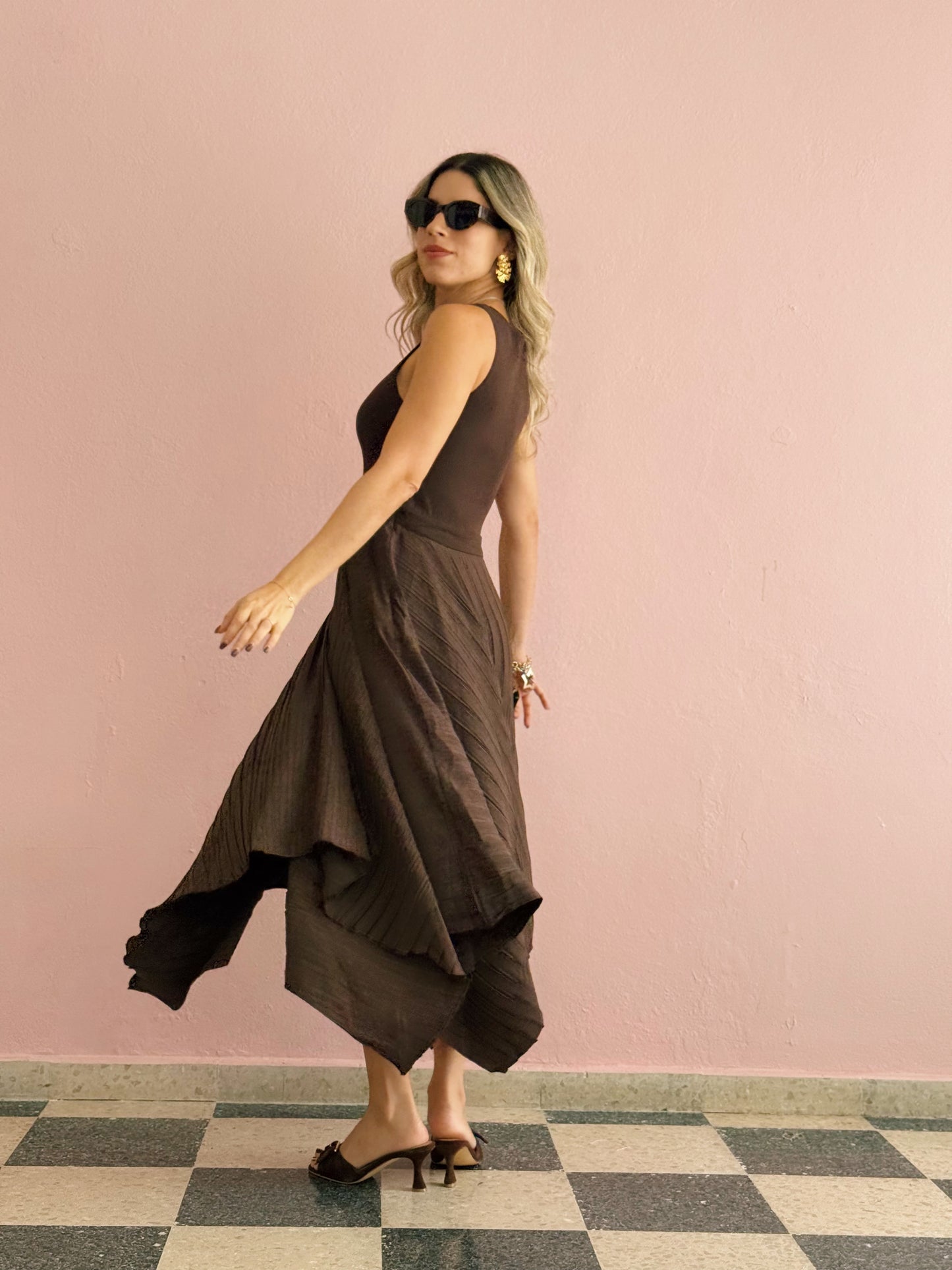 PRE ORDER (final sale/read description) Mocha Asymmetric Midi Dress