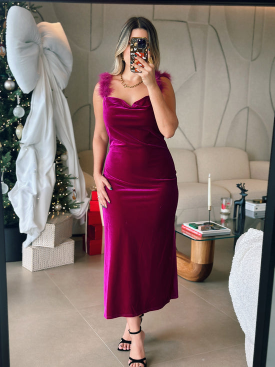 Magenta Feather Velvet Dress