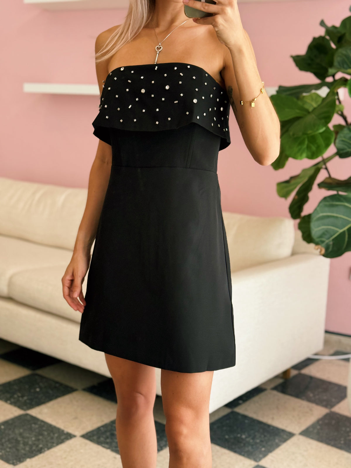 Black Crystal Embellished Strapless Dress