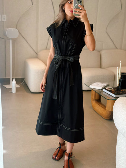 Contrast Stitch Shirt Midi Dress