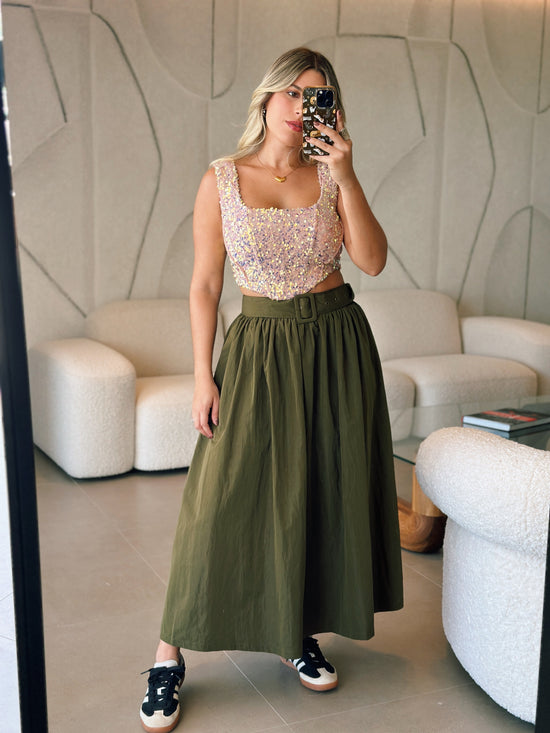 PRE ORDER (final sale/read description) Belted Olive Skirt