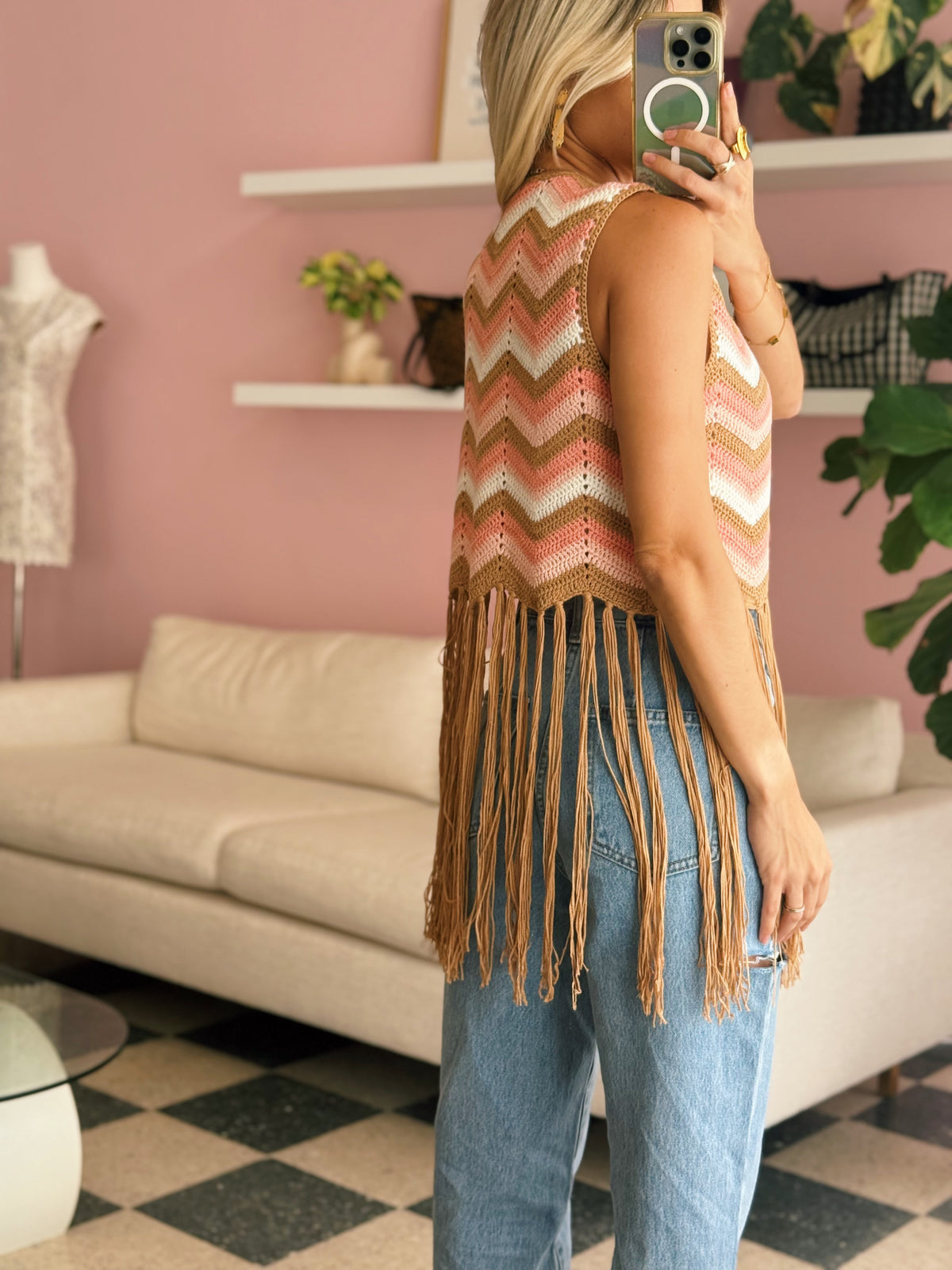 Taupe Crochet Fringe Vest