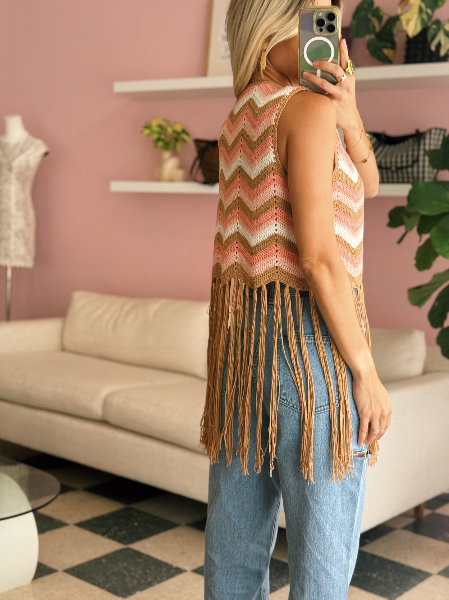 Taupe Crochet Fringe Vest