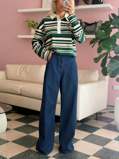 Striped Long Sleeve Collar Cropped Top