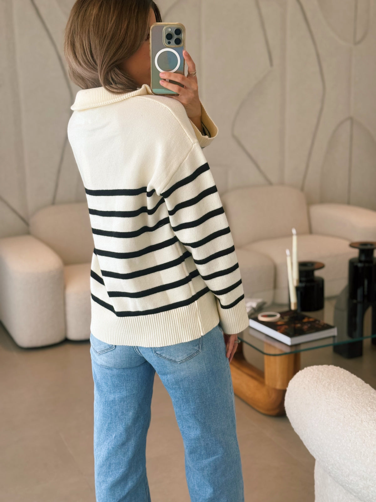 Black Striped Mock Neck Knit Sweater Top