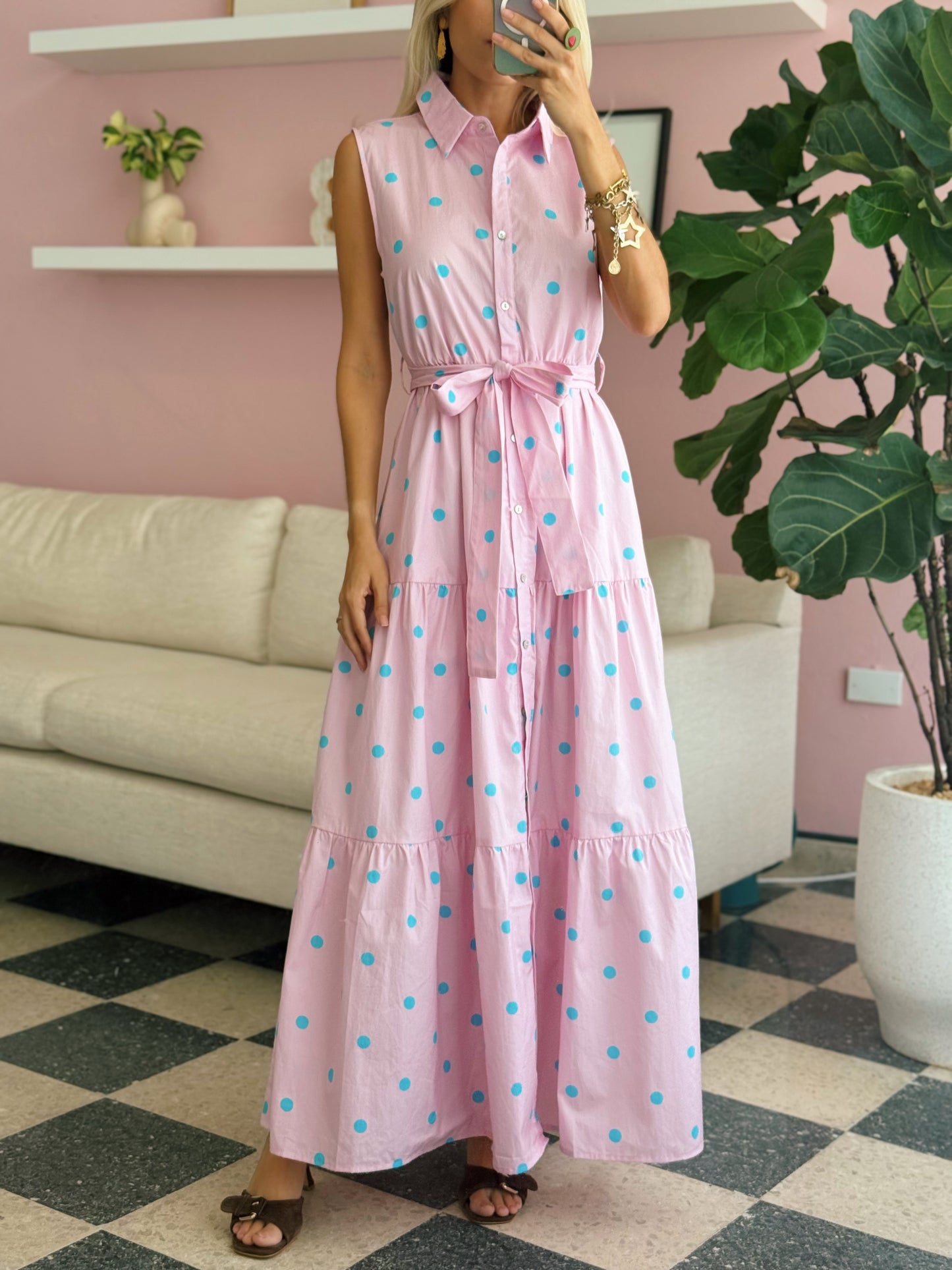 Pink Aqua Polka Maxi Dress