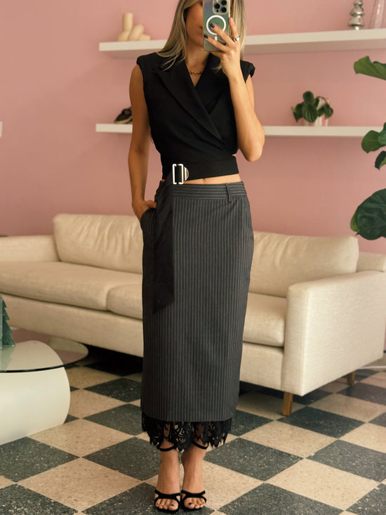 Lace Hemmed Pinstripe Pencil Skirt