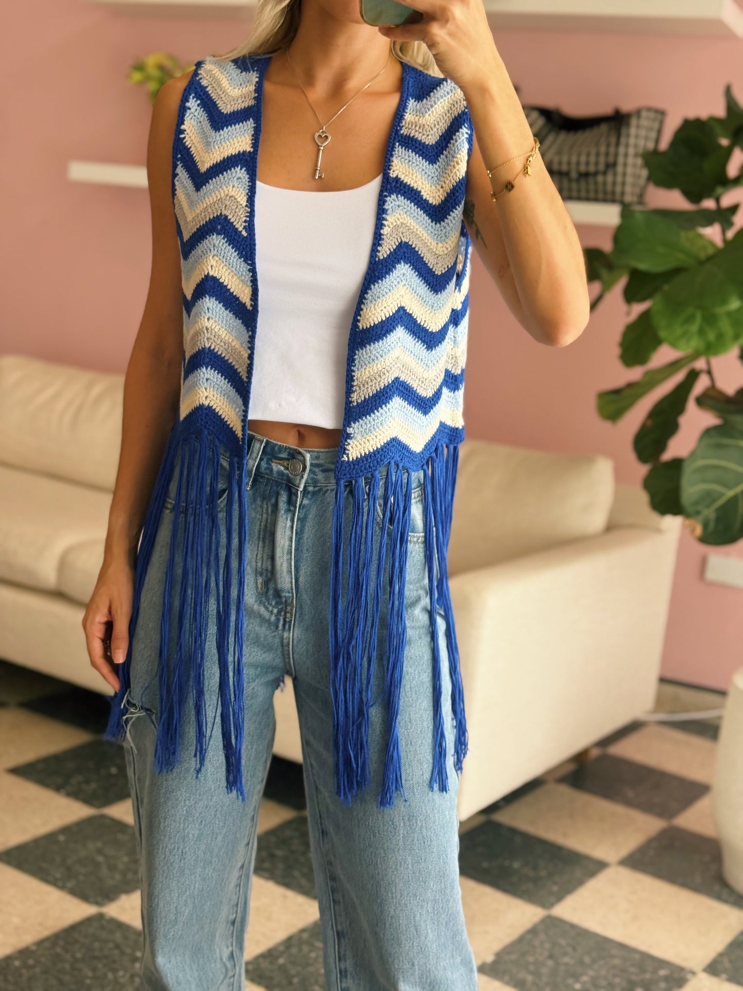 Blue Crochet Fringe Vest