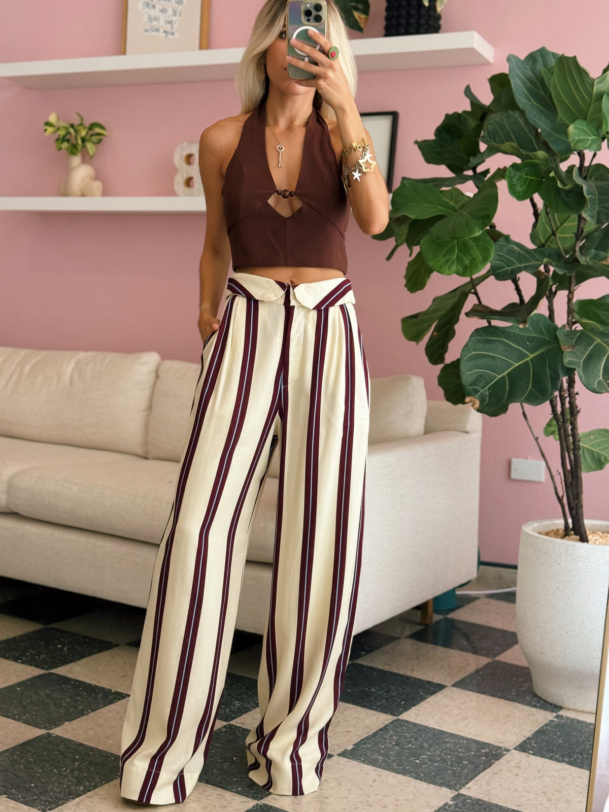 Wine Flap Waist Pockets Wide-Leg Pants - Dress To