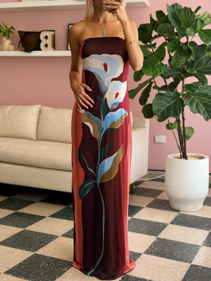 Multicolor Strapless Mesh Maxi Dress