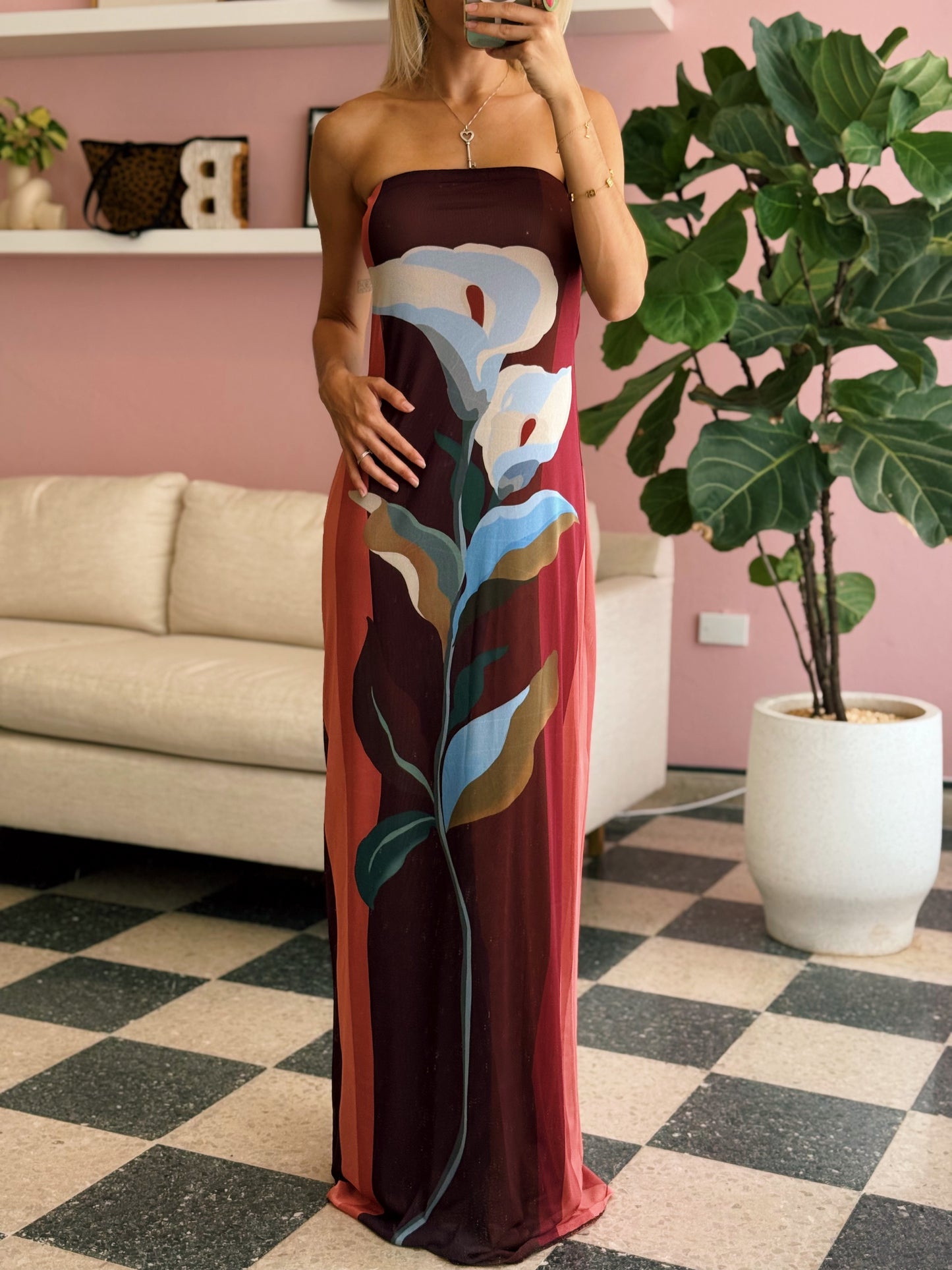 Multicolor Strapless Mesh Maxi Dress