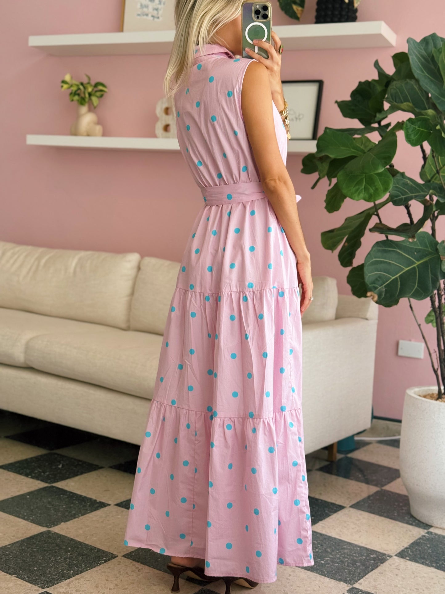 Pink Aqua Polka Maxi Dress
