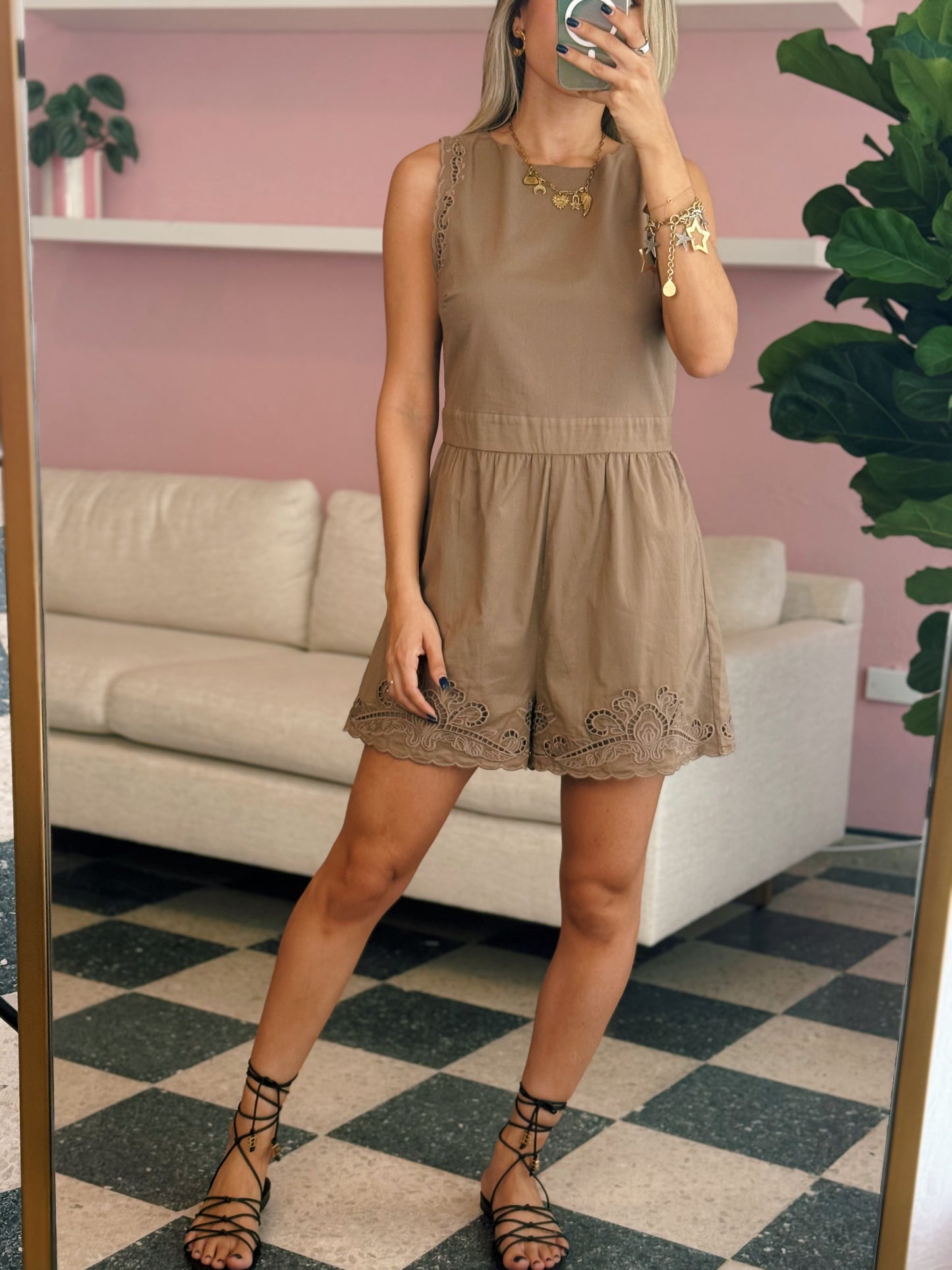 Brown Embroidered Romper