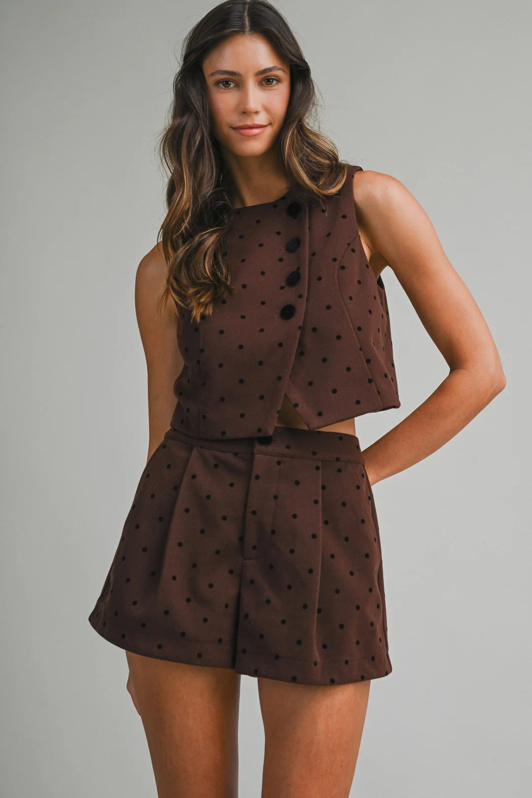 Polka Dot Sleeveless Crop Top And Shorts Set