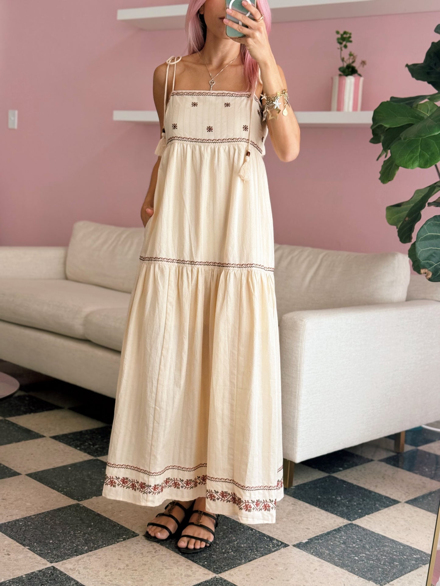 Custard Cream Tassel Embroidered Dress