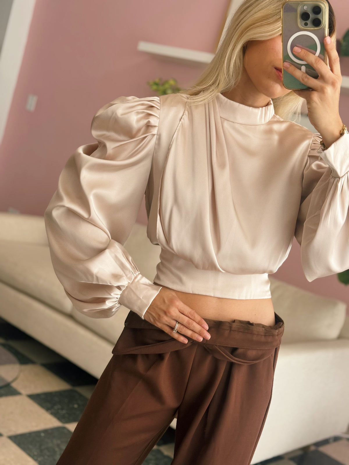 Champagne Draped Satin Puff Sleeve Blouse