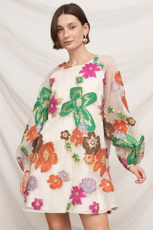 Bubble Sleeve Floral Organza Mini Dress