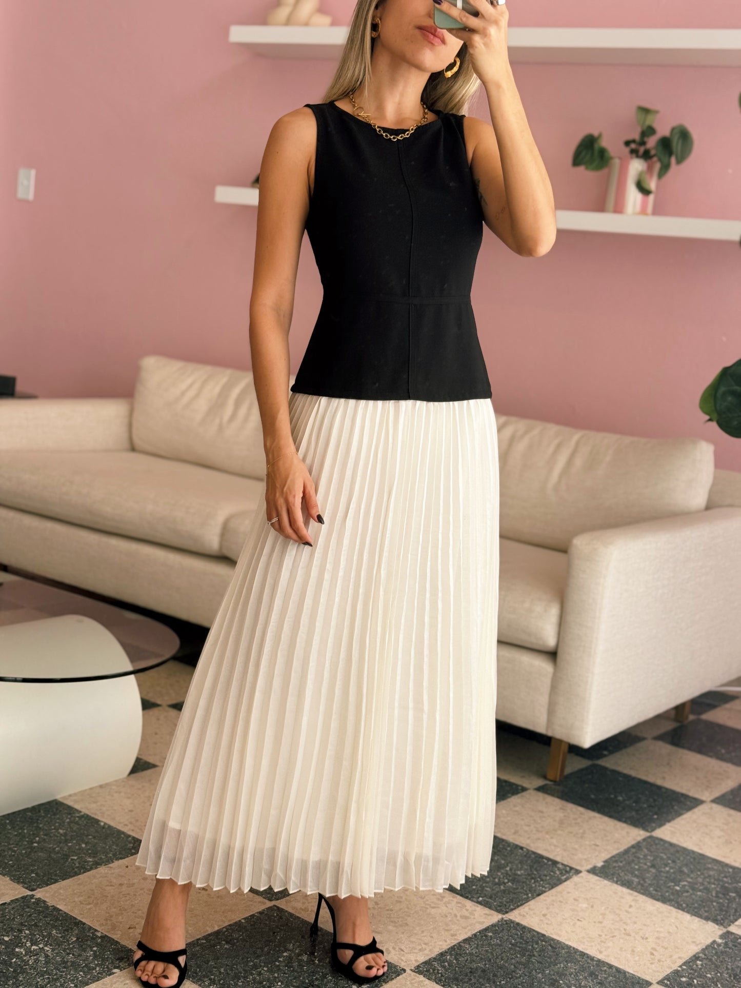 Mixed Media Pleated Midi Dress
