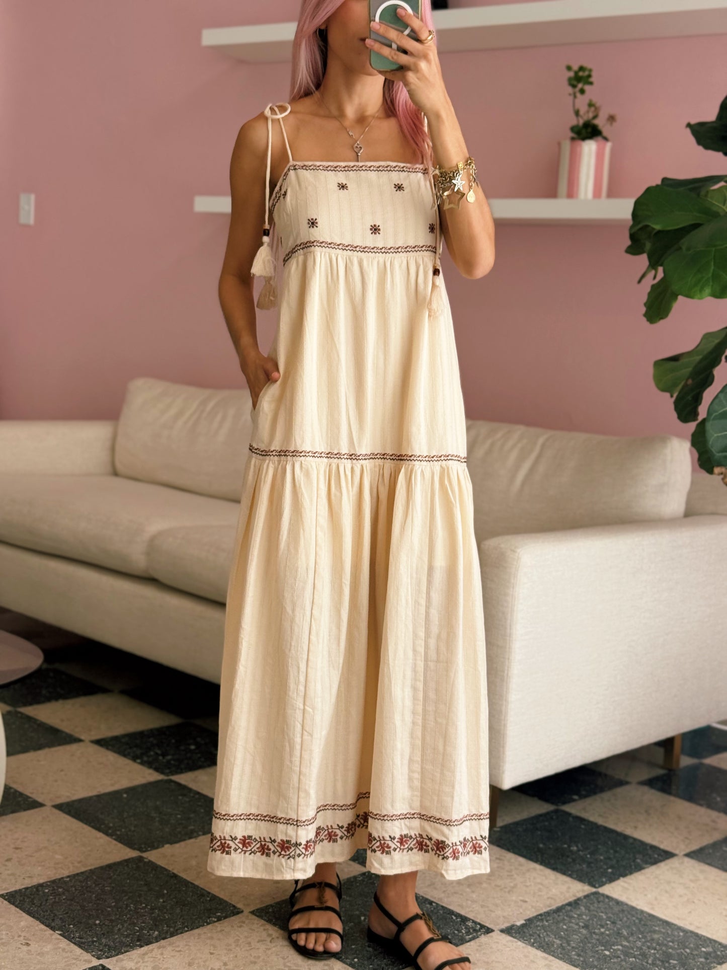 Custard Cream Tassel Embroidered Dress