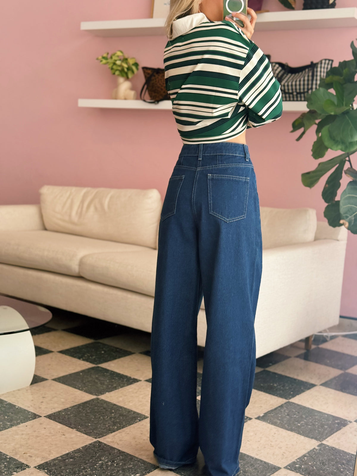 Denim High Waist Pintuck Wide Leg Jean Pants