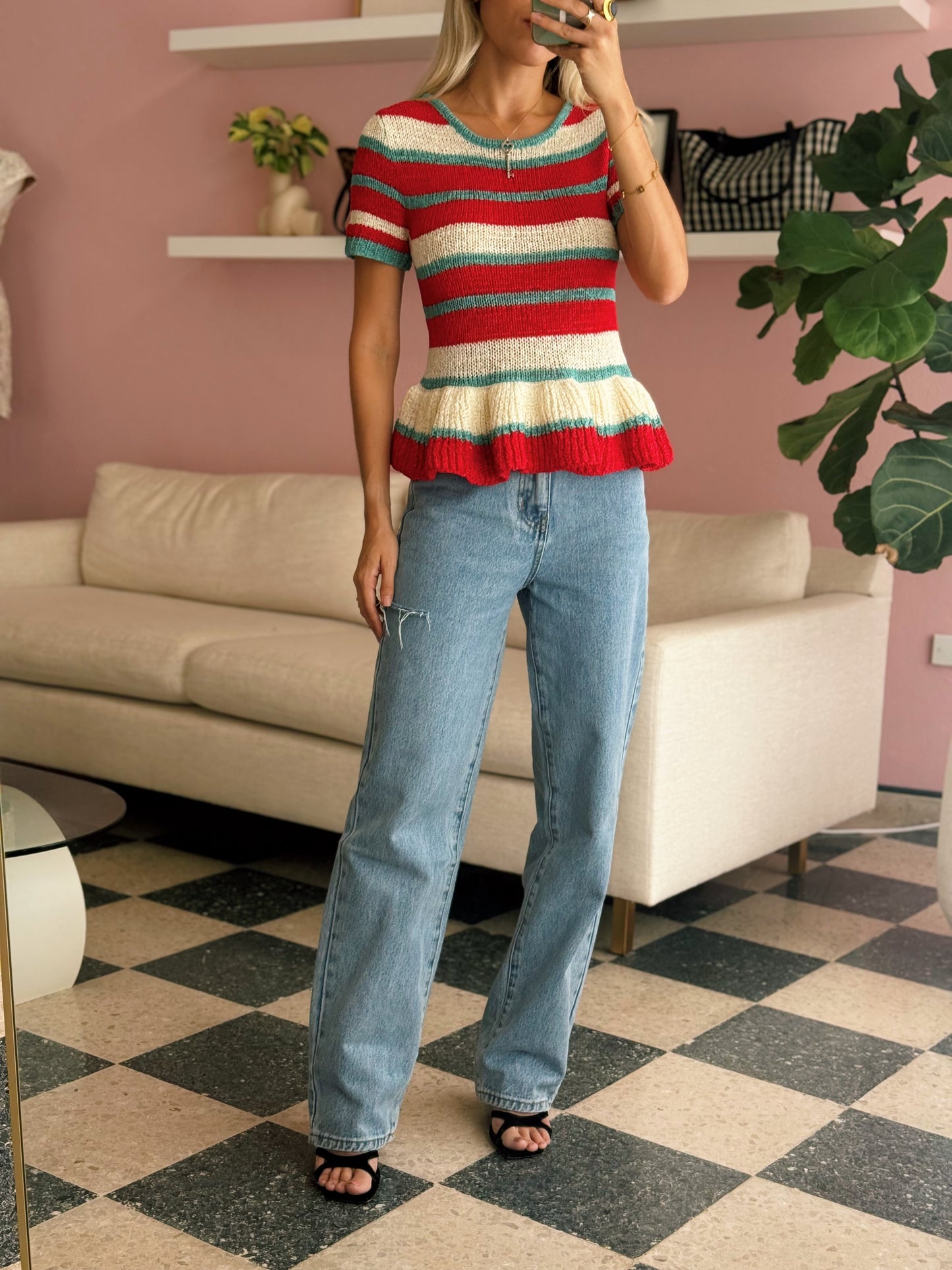 Red Blue Peplum Knit Top