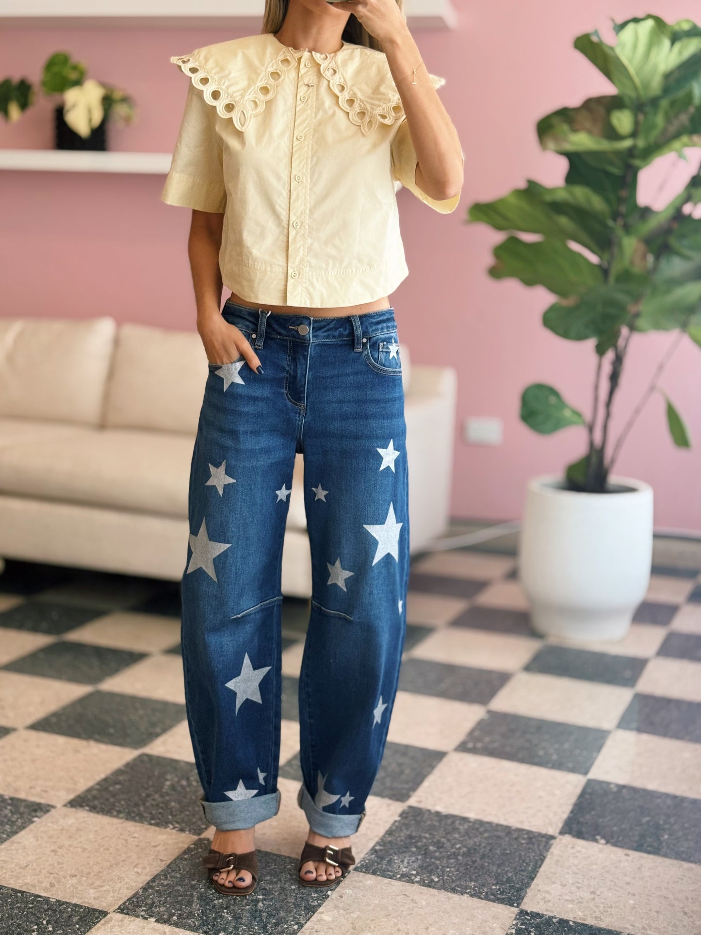 Mid Rise Glitter Star Barrel Jean
