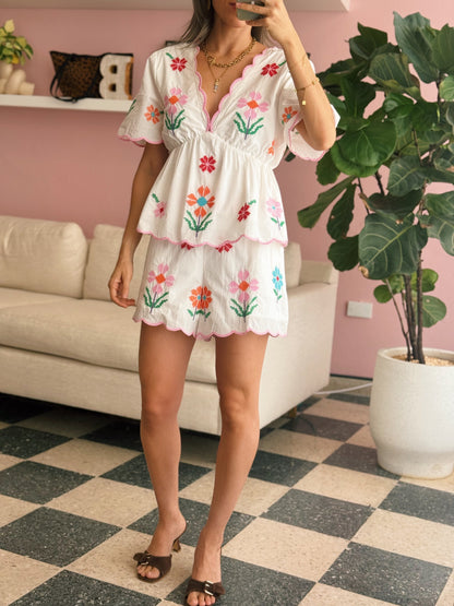 Embroidered Short Floral Set