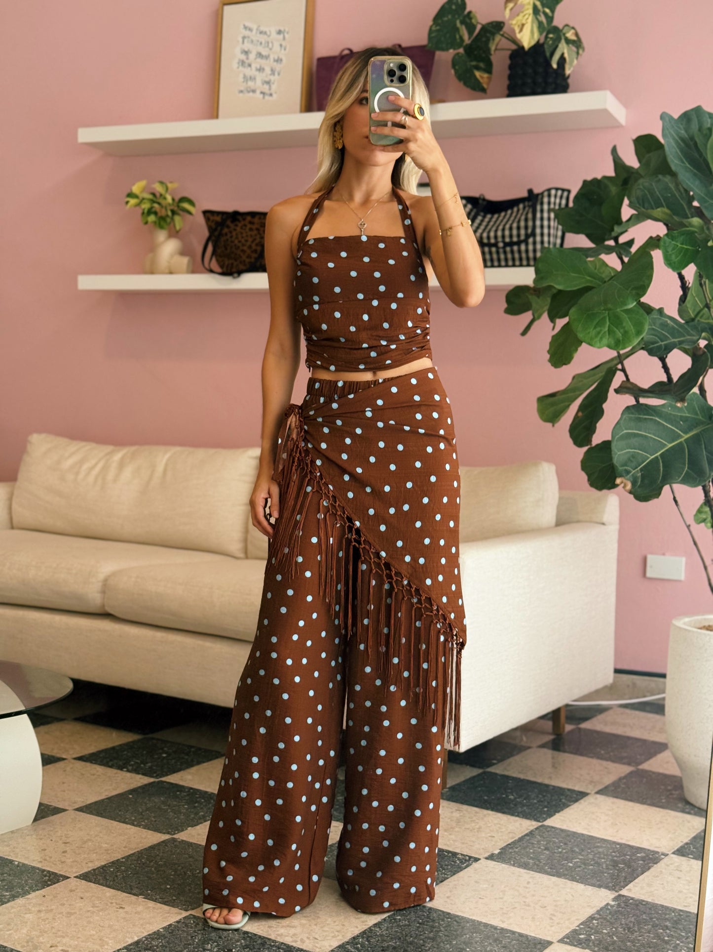 Brown Blue Polka Dot Pants Set