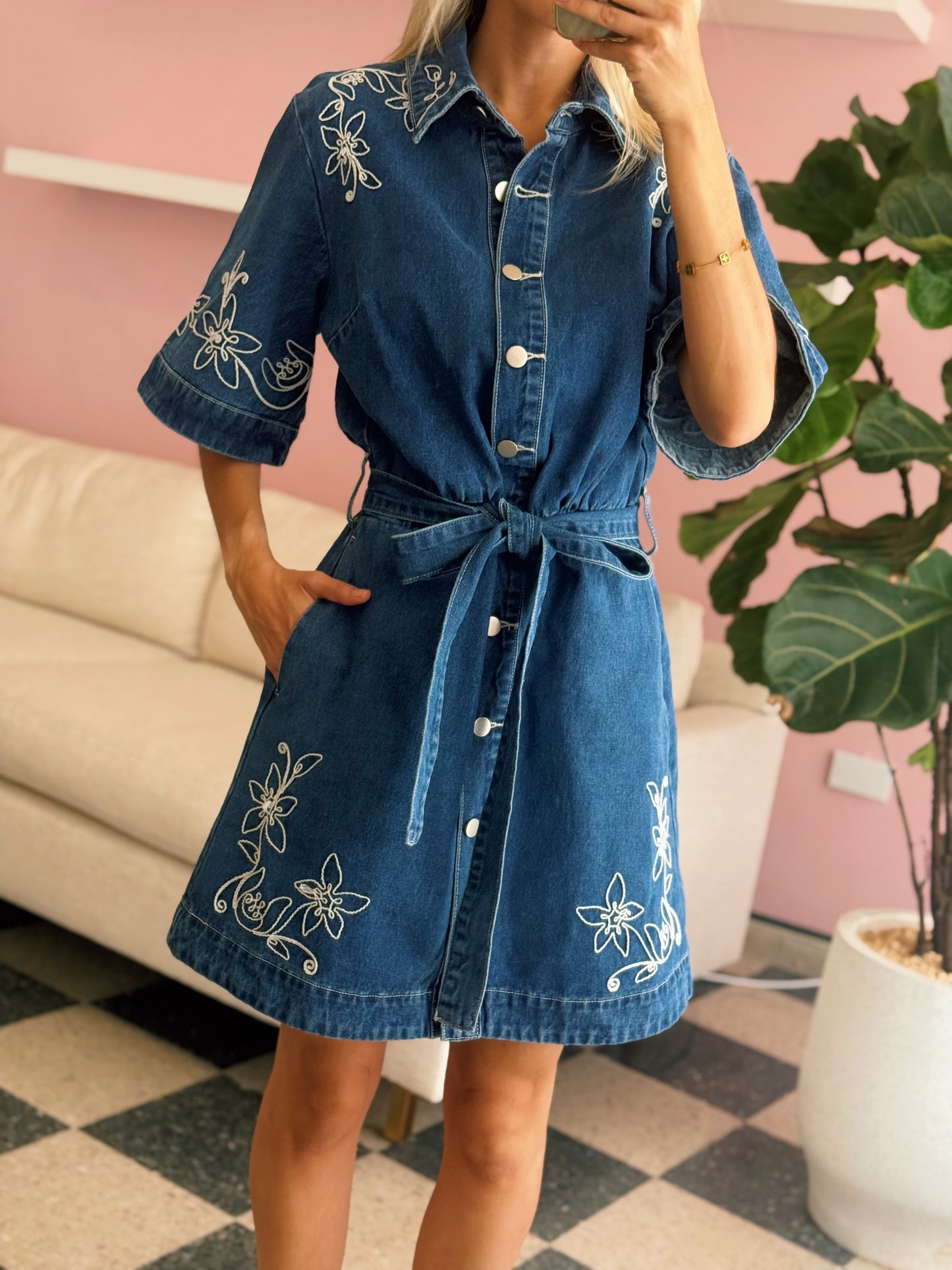 Cotton Denim Embroidered Dress