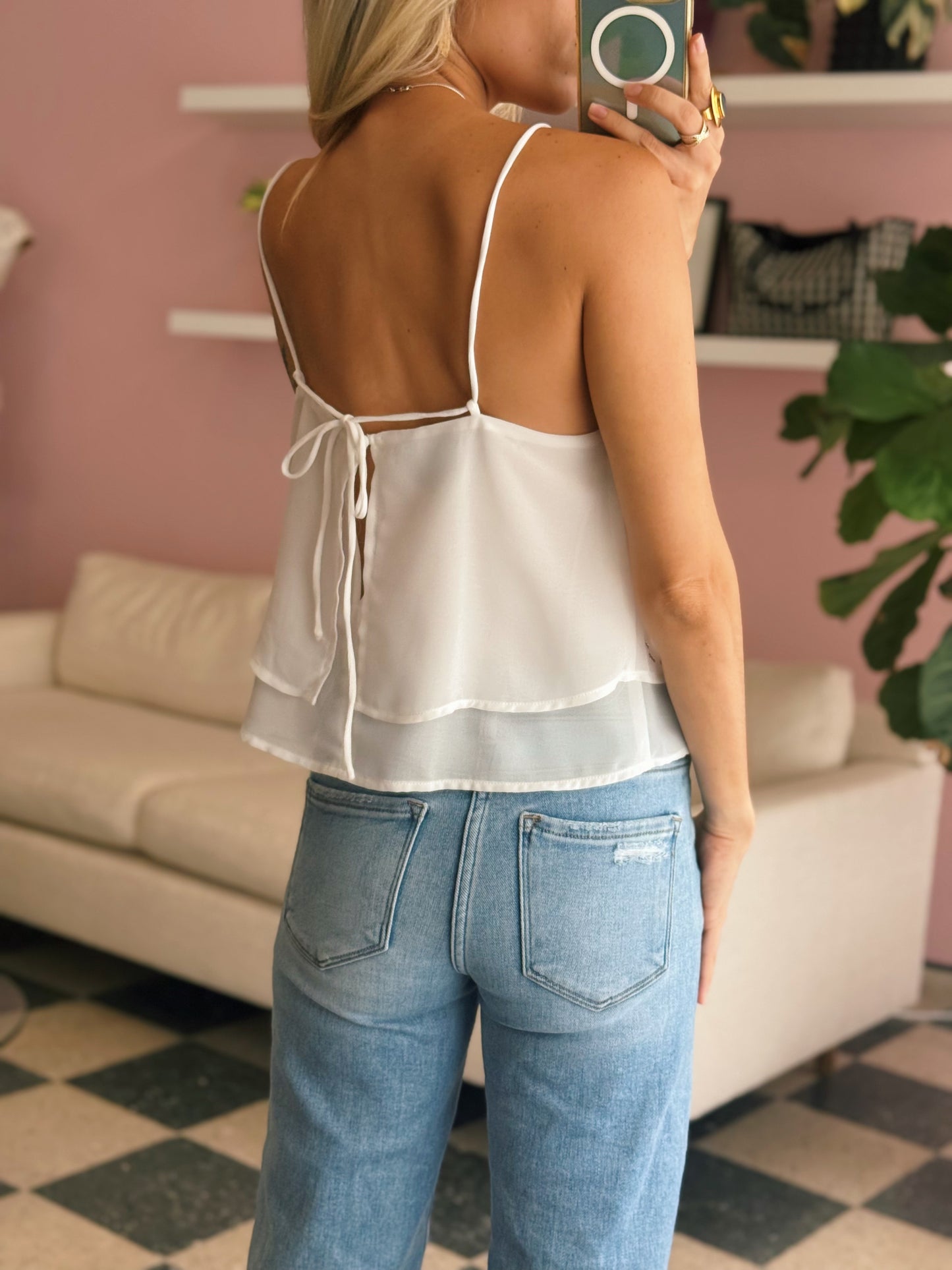 White Rhinestone Chiffon Cami Top