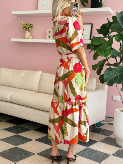 Zipper Front Floral Midi Dress