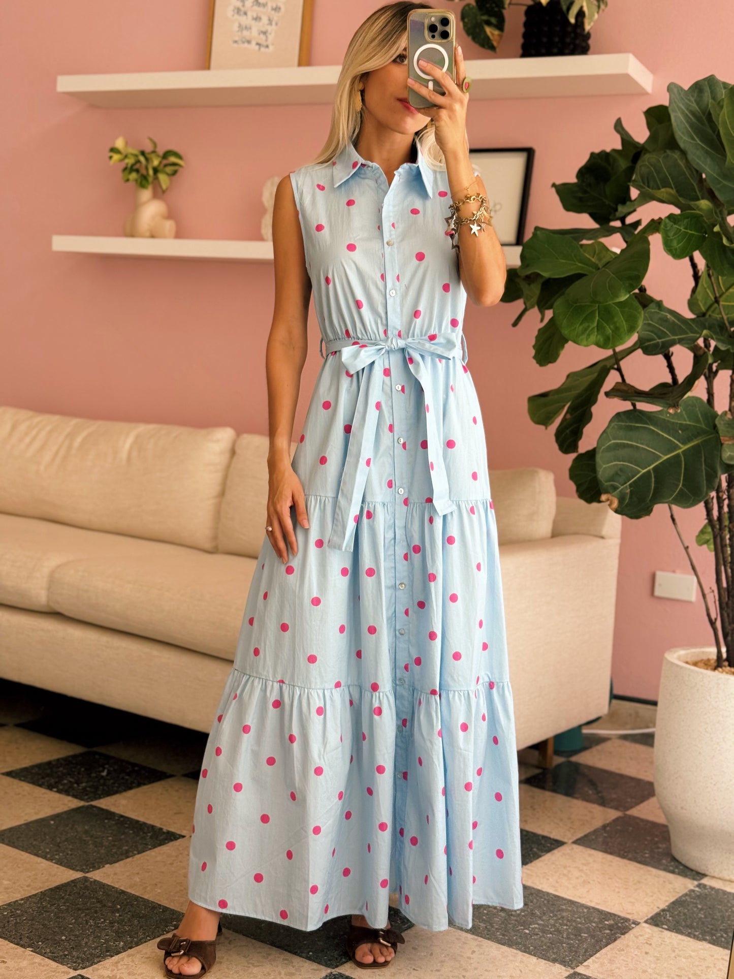 Blue Pink Polka Maxi Dress