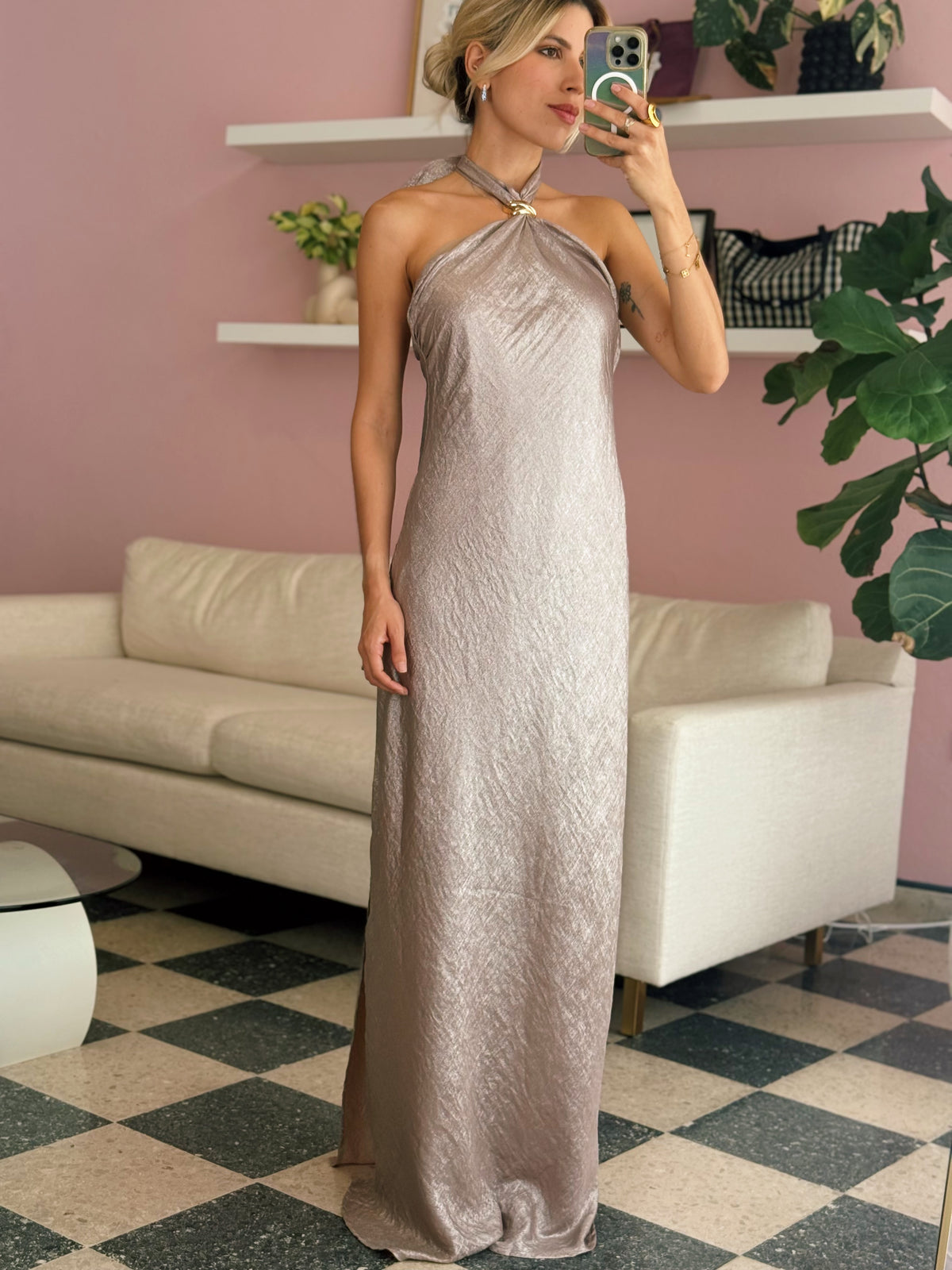 Metallic Champagne Halter Maxi Dress