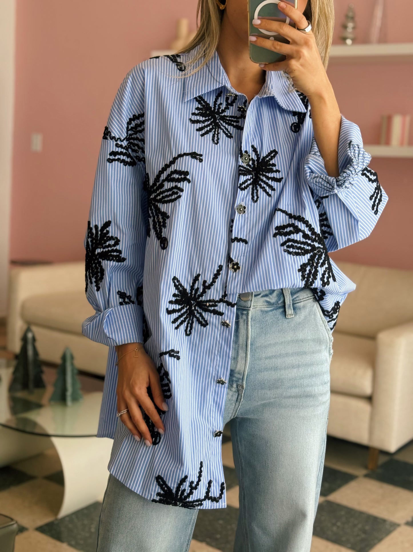 Blue Striped Floral Top