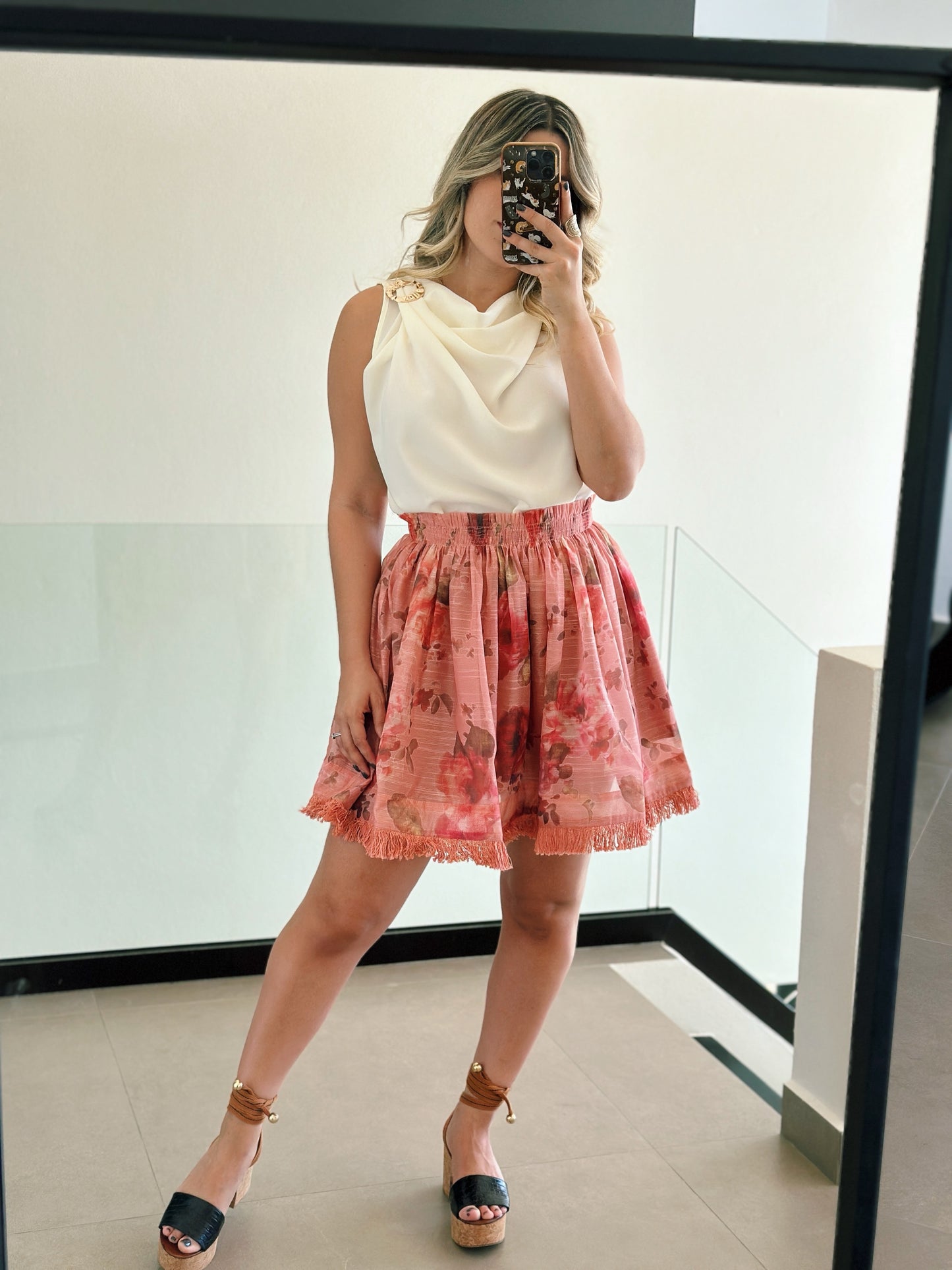 Floral Fringed Hemline Skirt