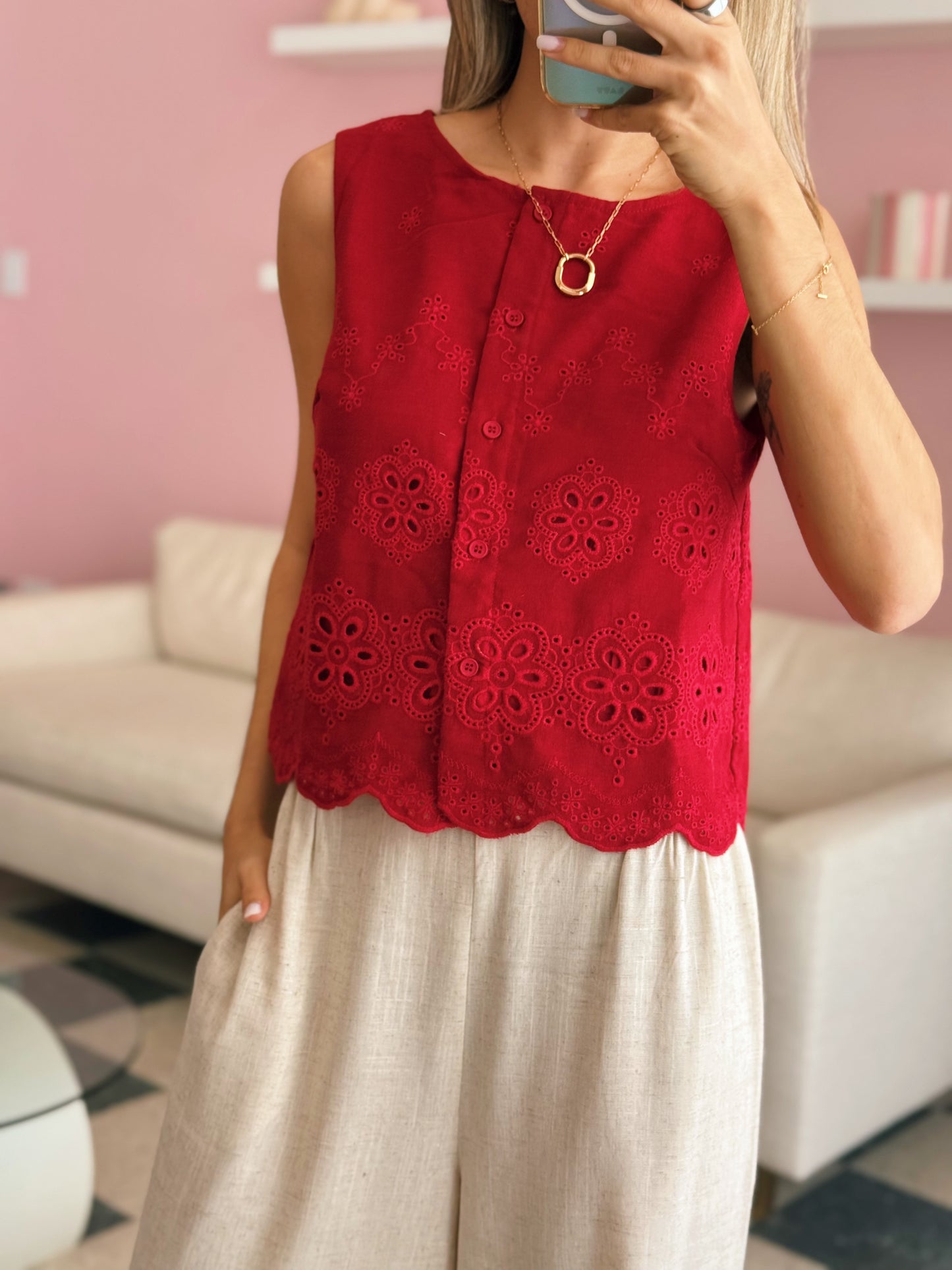 Red Eyelet Top
