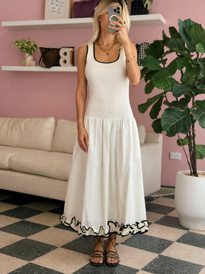 Drop Waist Smocked Bodice Midi Dress