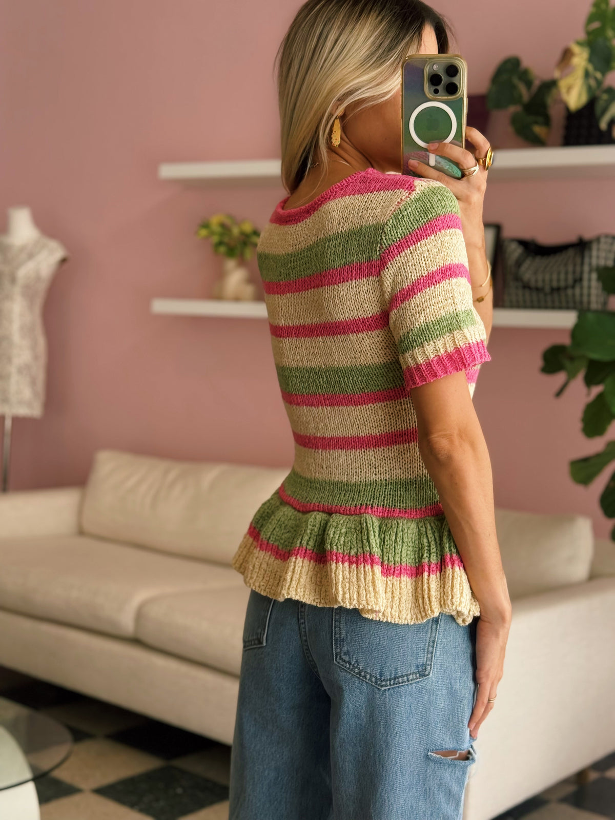 Pink Green Peplum Knit Top